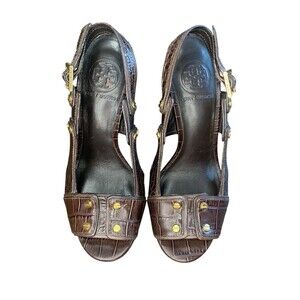 TORY BURCH Crocodile Embossed Leather High Heel Sandals Gold Hardware 7M Shoes